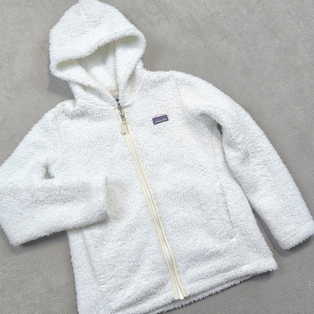 Patagonia Girls Los Gatos Hooded Fleece Jacket Size M 10 White Full Zip Hoodie